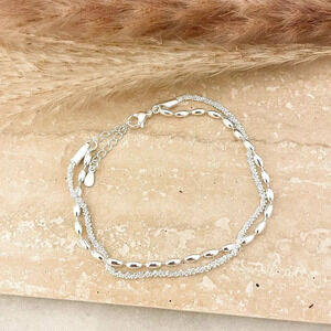 Sterling Silver Double Chain Layer Bracelet Shiny Sequin Dainty Chain Bracelet